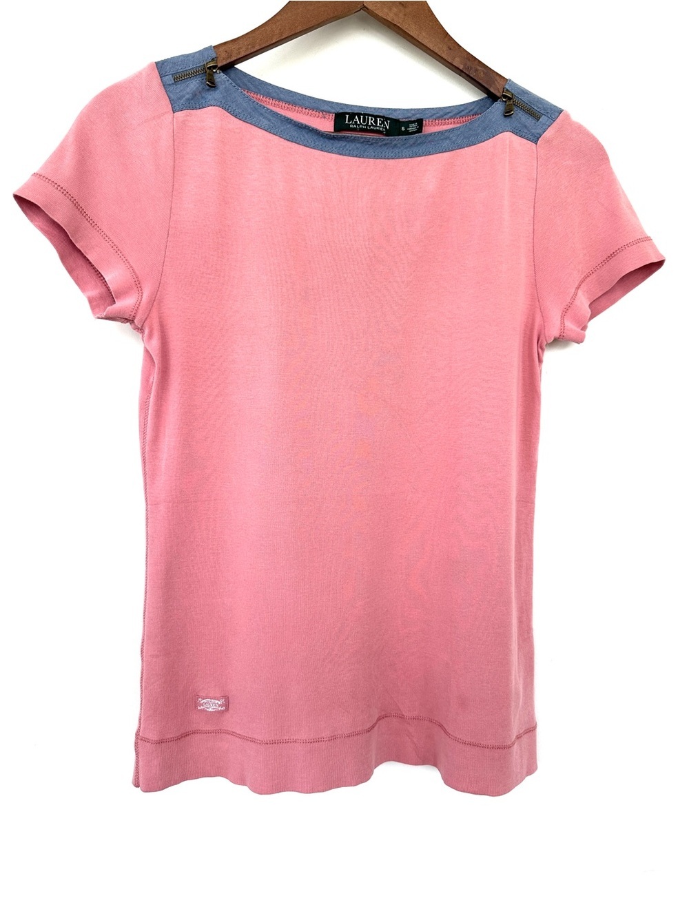 LAUREN Ralph Lauren Pink Short Sleeve Knit Top with Chambray Trim